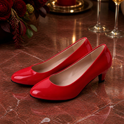 wedding guest shoes — Red patent low heel wedding guest pumps complete front view — view 3