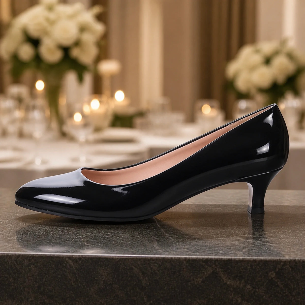 wedding guest shoes — Black patent low heel wedding guest pump true side profile — view 5