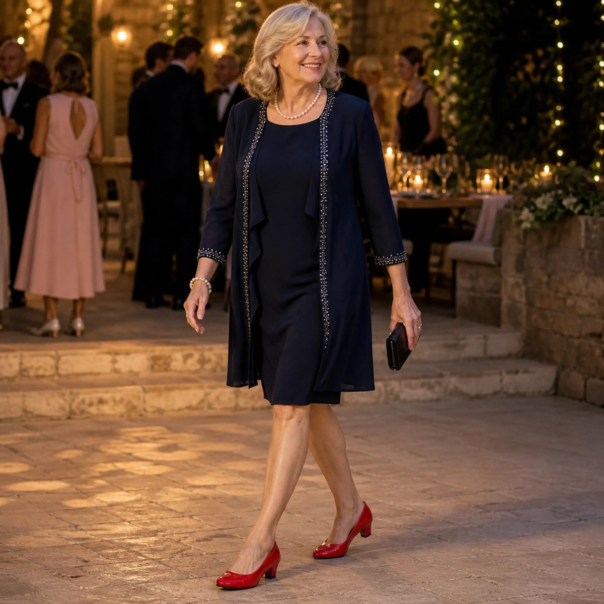 wedding guest shoes — Mature woman wearing Red patent low heel wedding guest pumps — view 6