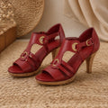 wedding guest shoes — Red ring strap open toe comfort heels complete front view