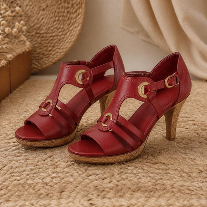 wedding guest shoes — Red ring strap open toe comfort heels complete front view