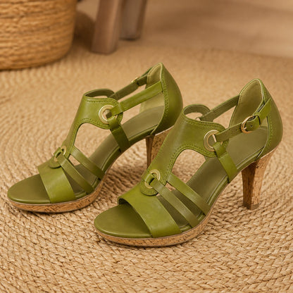 wedding guest shoes — Green ring strap open toe comfort heels complete front view — view 4