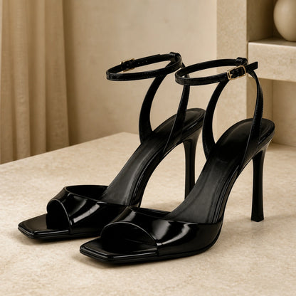 wedding guest shoes — Black patent open toe stiletto sandals — view 2