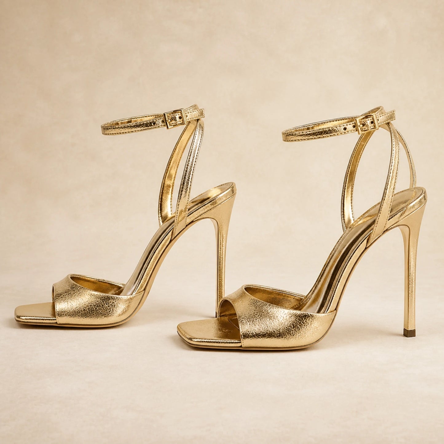 wedding guest shoes — Gold open toe ankle strap sandals profile construction view — view 5