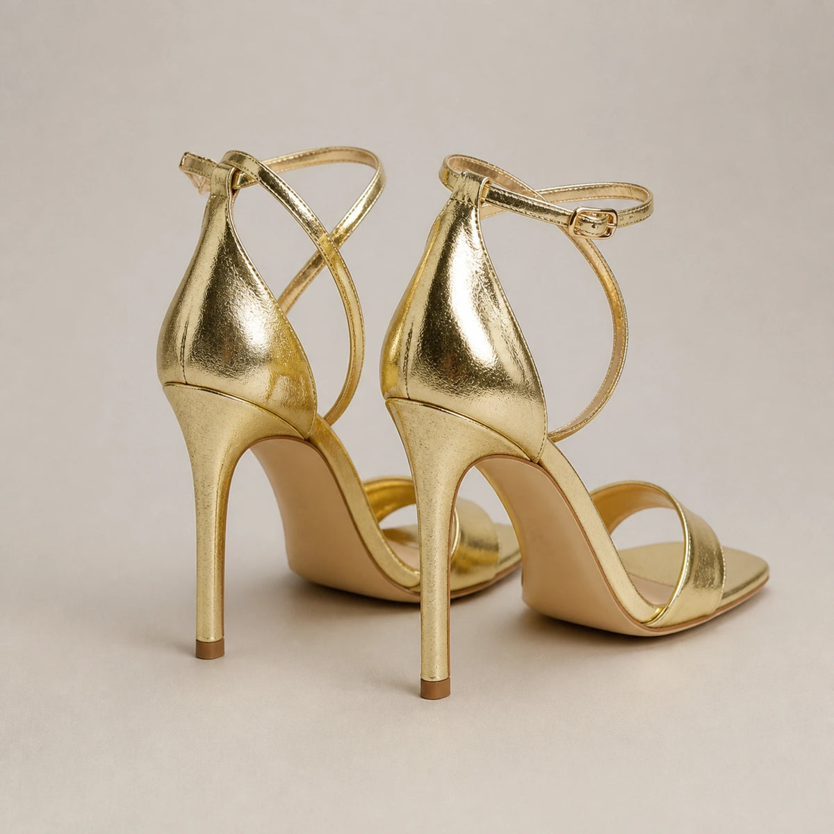wedding guest shoes — Gold open toe ankle strap sandals crossed straps rear view — view 6