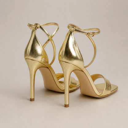 wedding guest shoes — Gold open toe ankle strap sandals crossed straps rear view — view 6
