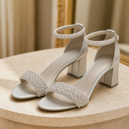 wedding guest shoes — Evangeline pearl embellished bridal sandals — complete three quarter front view