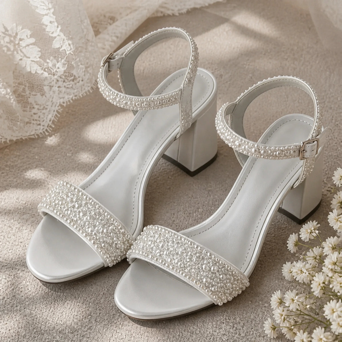 wedding guest shoes — Evangeline pearl embellished bridal sandals — straps and buckle craftsmanship close view — view 4