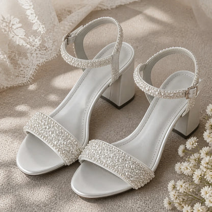 wedding guest shoes — Evangeline pearl embellished bridal sandals — straps and buckle craftsmanship close view — view 4