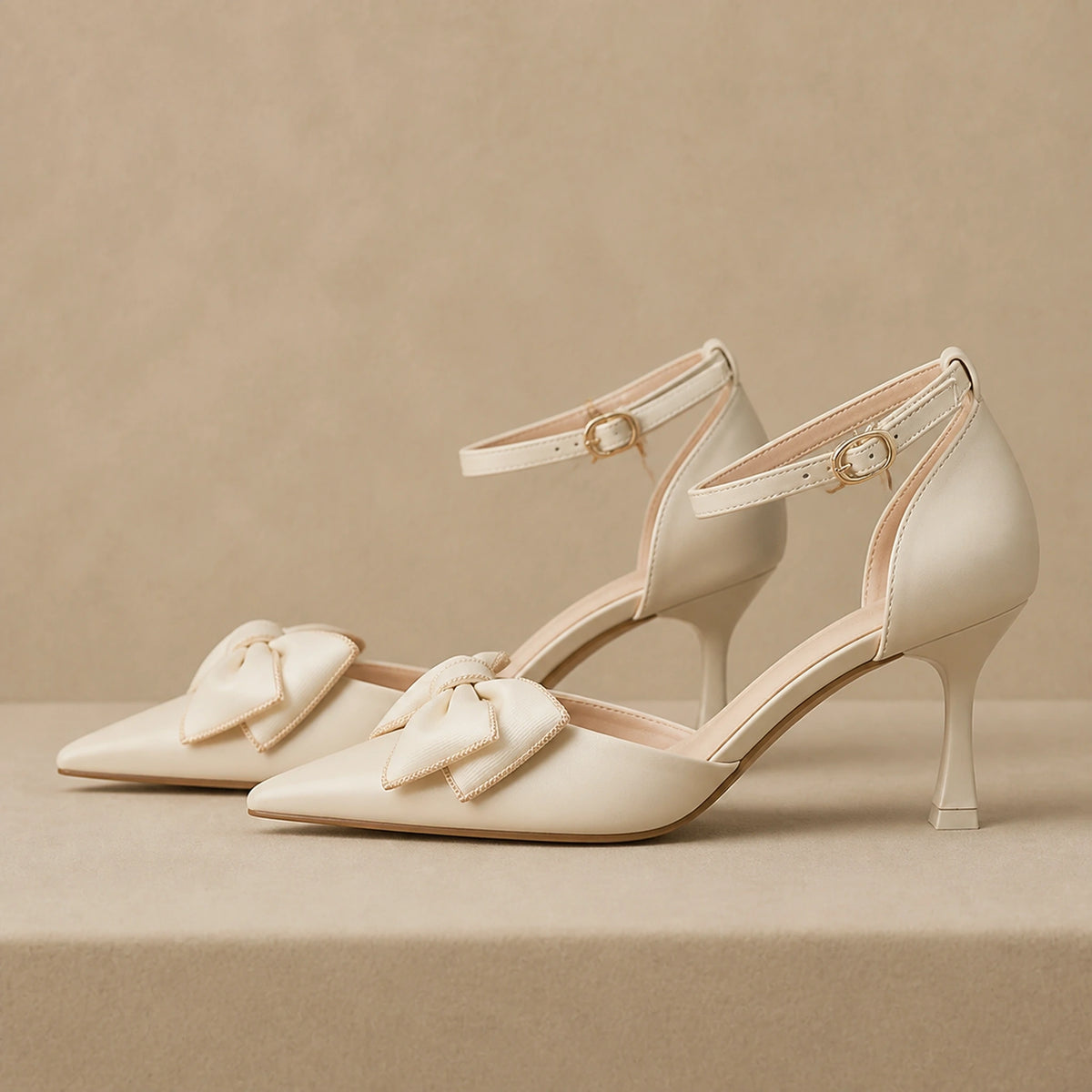 Ivory bow detail wedding guest shoes complete side profile — view 3