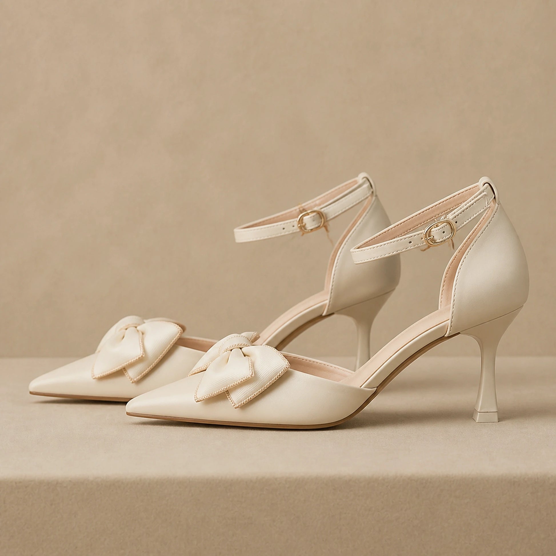 Ivory bow detail wedding guest shoes complete side profile — view 3