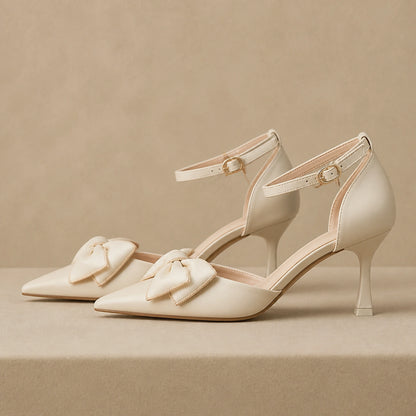 Ivory bow detail wedding guest shoes complete side profile — view 3