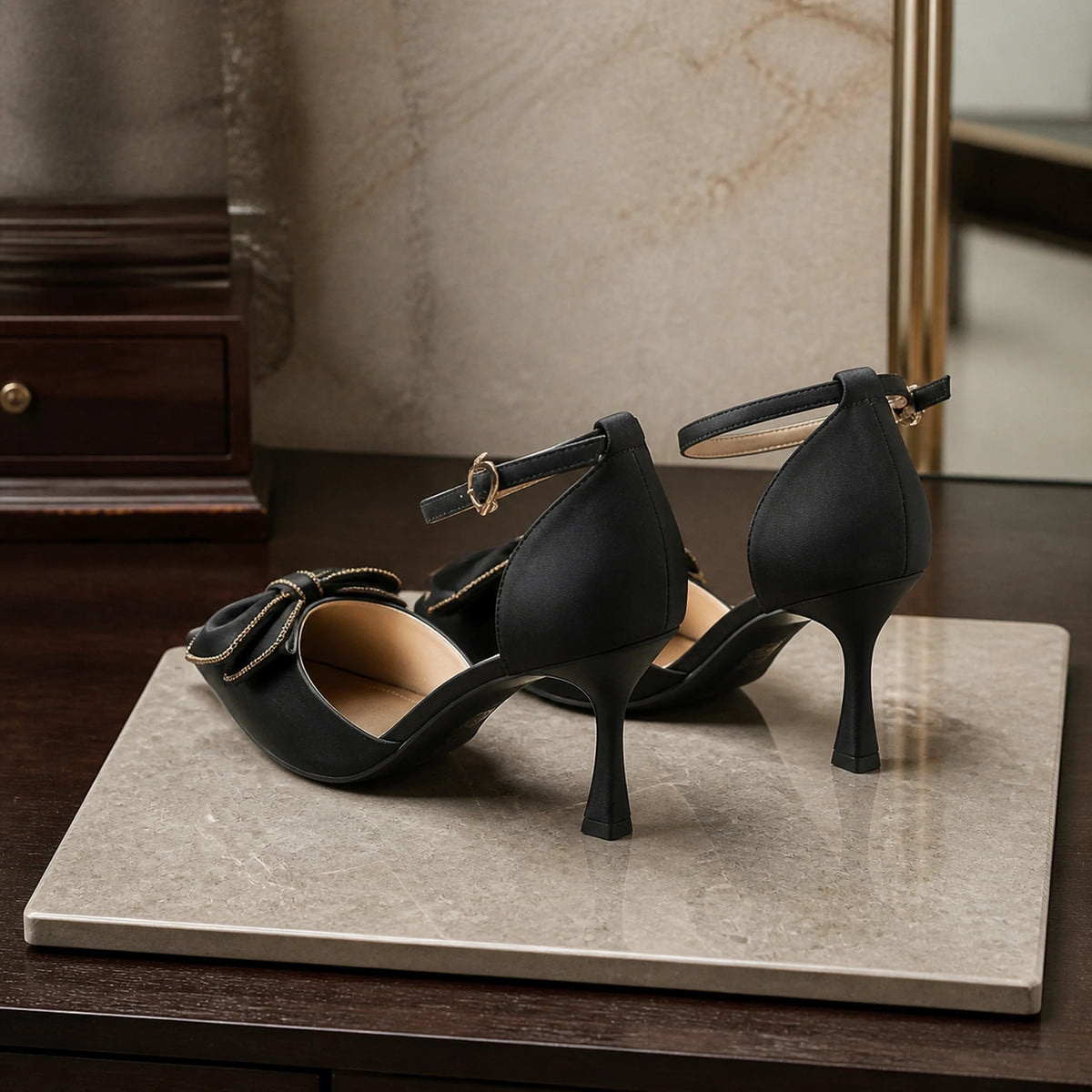 Black bow detail wedding guest shoes rear straps and heels view — view 4