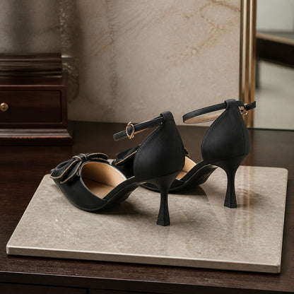Black bow detail wedding guest shoes rear straps and heels view — view 4