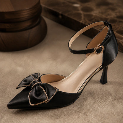 wedding guest shoes — Black bow ankle strap buckle and heel construction detail — view 6