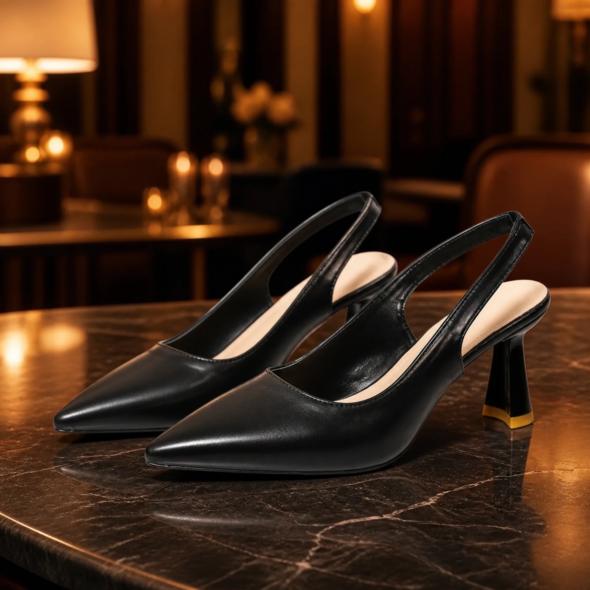 Black pointed toe slingback wedding guest shoes pair in an evening lounge — view 3