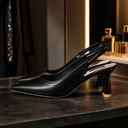 wedding guest shoes — Black pointed toe slingback pumps outer side construction view — view 4