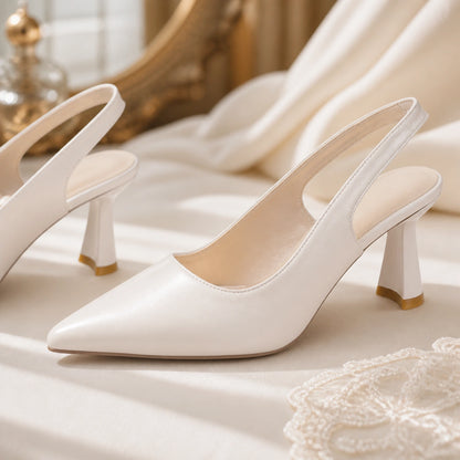 wedding guest shoes — White slingback pump pointed toe stitching strap and heel detail — view 6