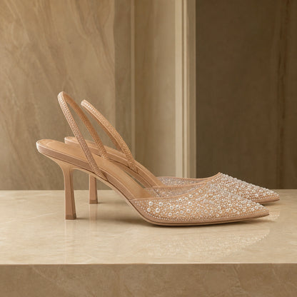 wedding guest shoes — Nude ivory pearl crystal slingback shoes complete side profile — view 2