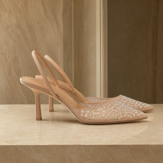 wedding guest shoes — Nude ivory pearl crystal slingback shoes complete side profile — view 2