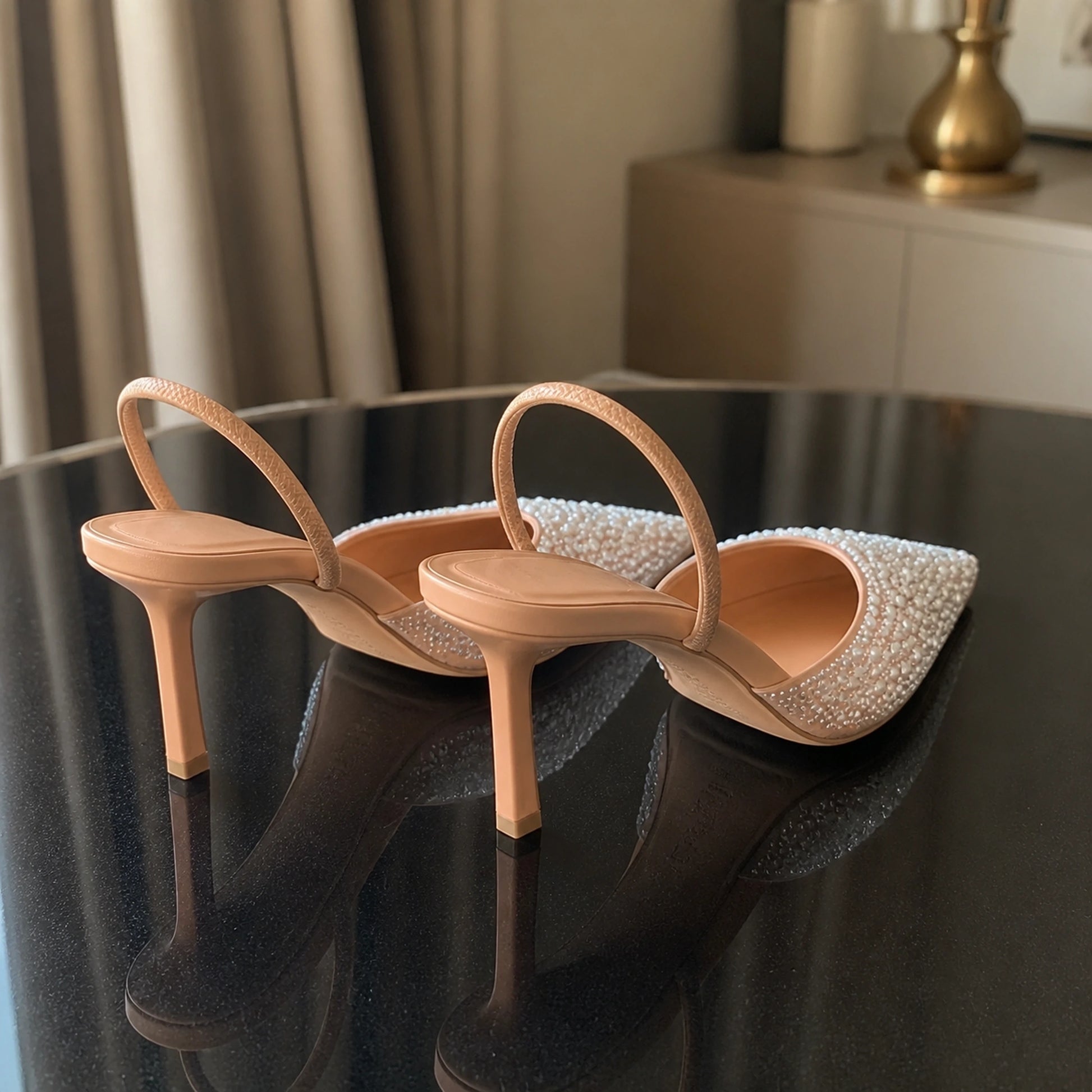 wedding guest shoes — Nude ivory pearl crystal slingback shoes rear straps and heels view — view 3