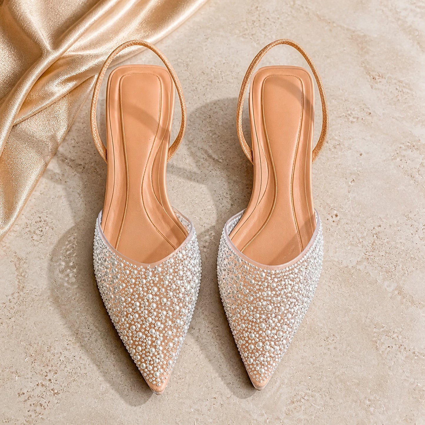 wedding guest shoes — Nude ivory pearl crystal pointed toe slingback shoes overhead view — view 4