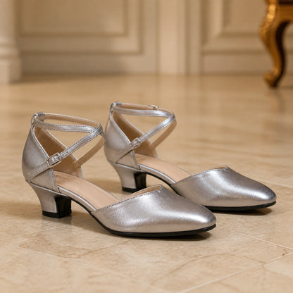 wedding guest shoes — Silver metallic cross strap pumps with 1.38 inch block heel complete front view