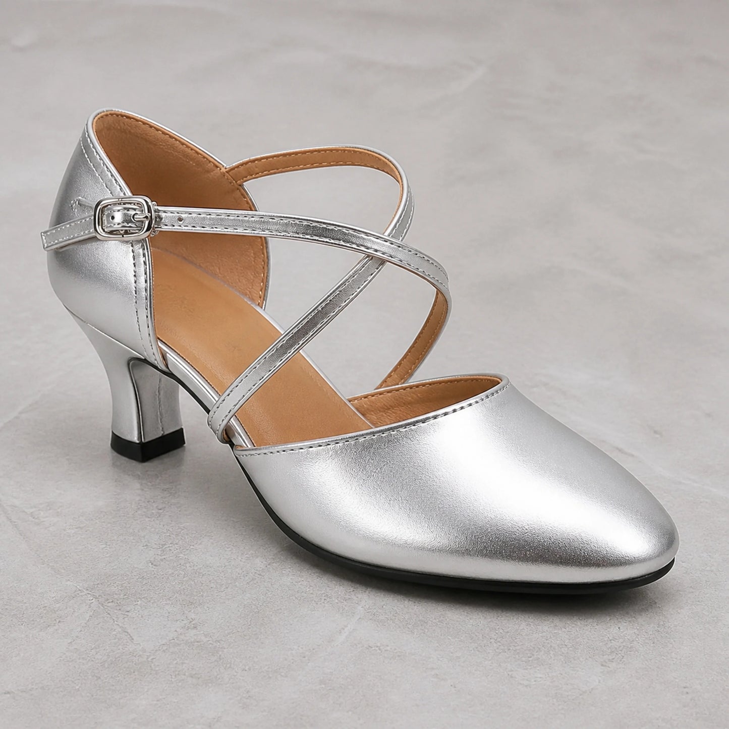 wedding guest shoes — Silver metallic pump toe strap buckle stitching and heel detail — view 11