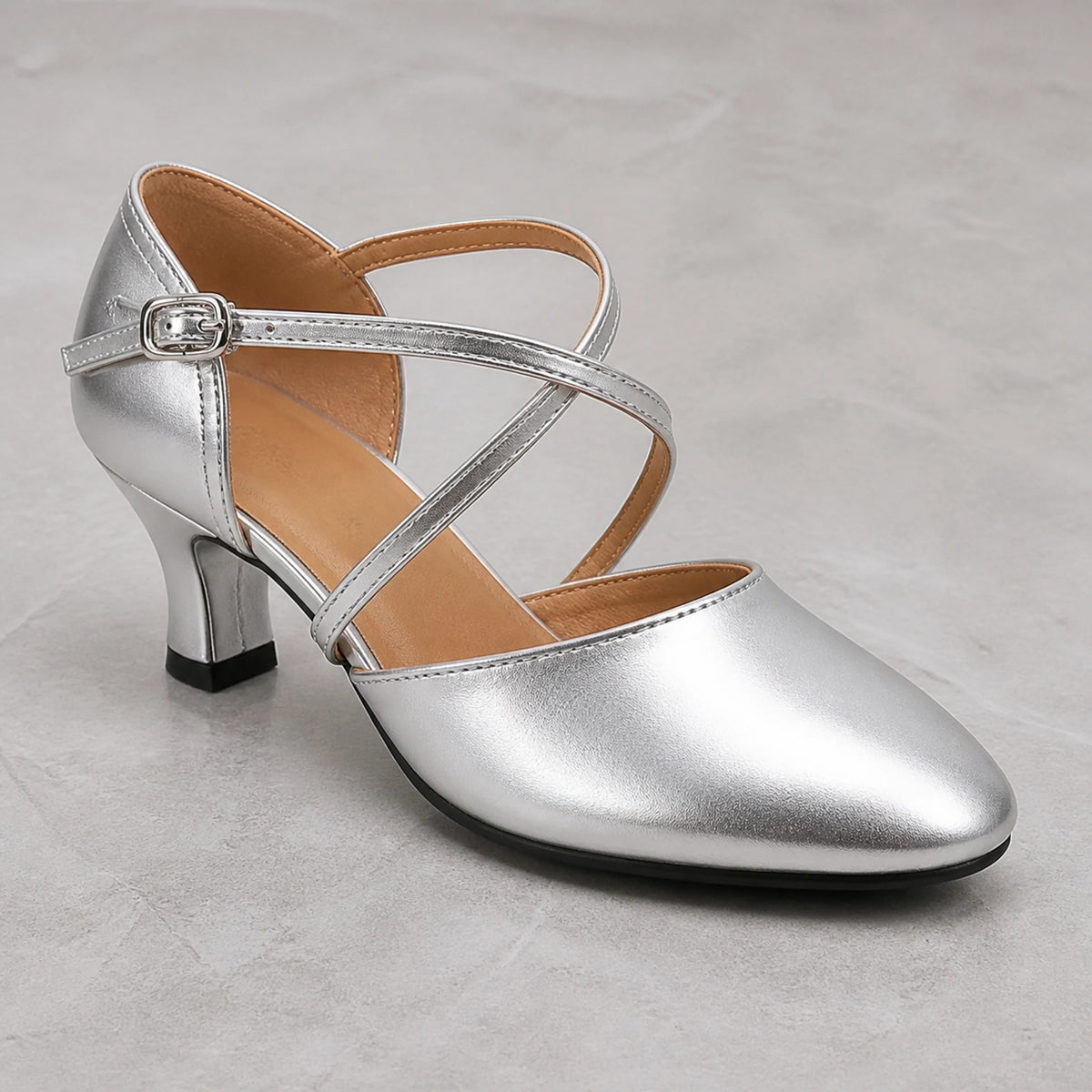 wedding guest shoes — Silver metallic pump toe strap buckle stitching and heel detail — view 11