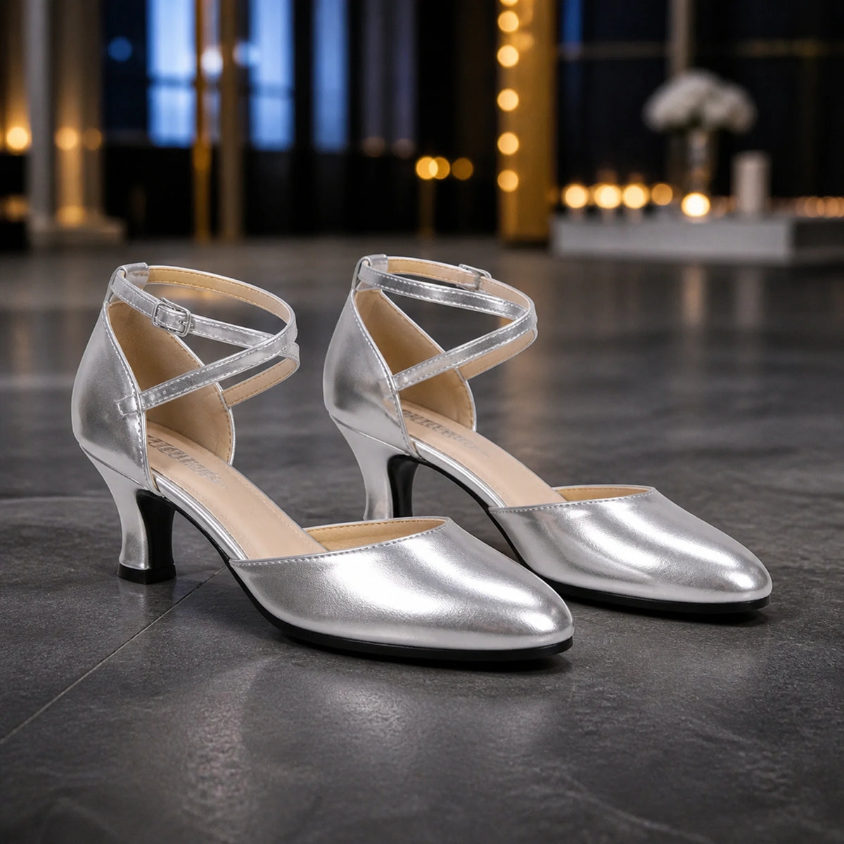 wedding guest shoes — Silver metallic cross strap pumps with 2.17 inch block heel complete front view — view 2