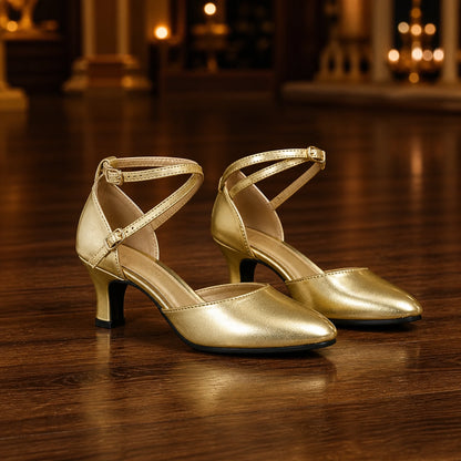 wedding guest shoes — Gold metallic cross strap pumps with 2.17 inch block heel complete front view — view 4