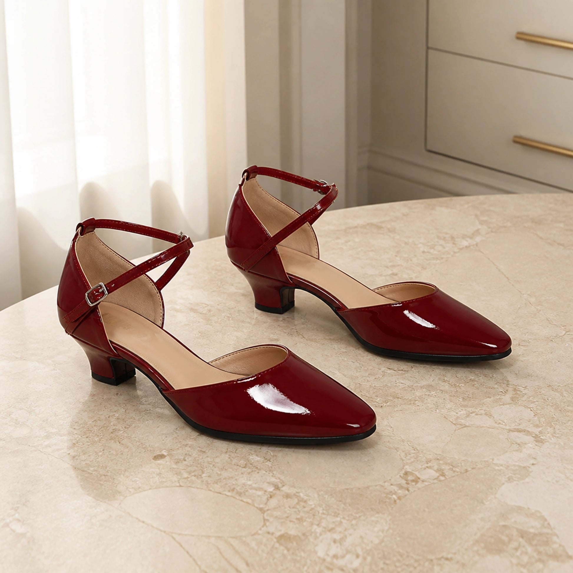 wedding guest shoes — Burgundy red patent cross strap pumps with 1.38 inch block heel complete front view — view 5
