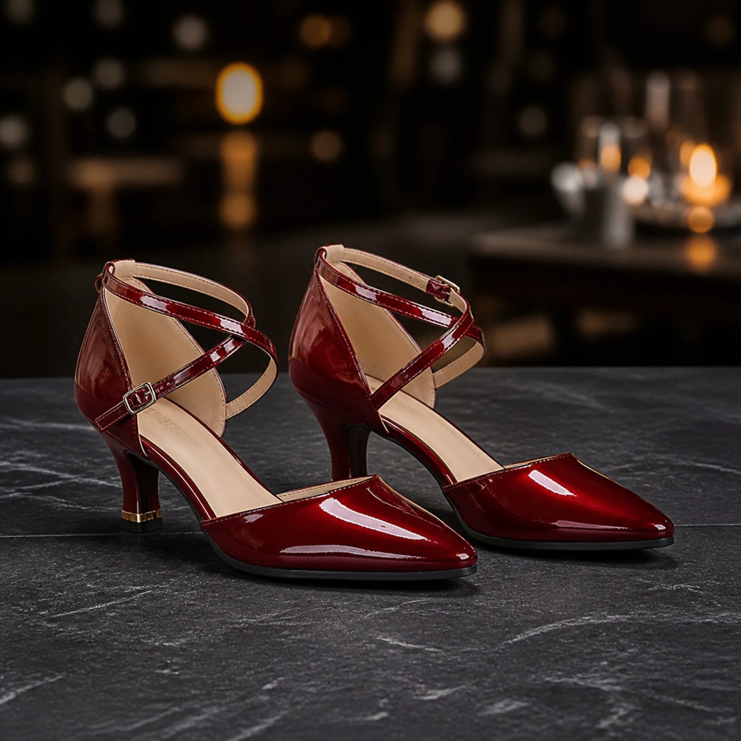 wedding guest shoes — Burgundy red patent cross strap pumps with 2.17 inch block heel complete front view — view 6
