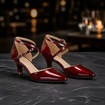 wedding guest shoes — Burgundy red patent cross strap pumps with 2.17 inch block heel complete front view — view 6