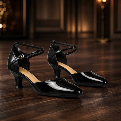 wedding guest shoes — Black patent cross strap pumps with 2.17 inch block heel complete front view — view 8