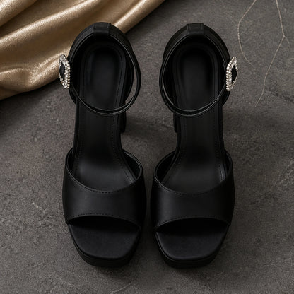 wedding guest shoes — Black platform rhinestone buckle sandals overhead view — view 4