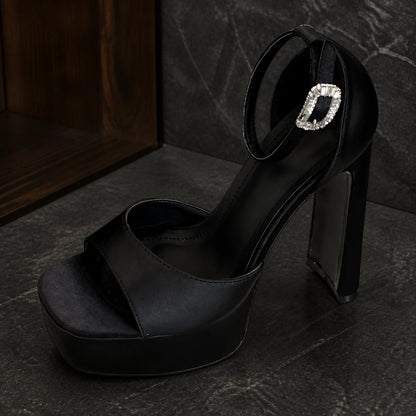 wedding guest shoes — Black platform sandal crystal buckle and heel construction detail — view 5