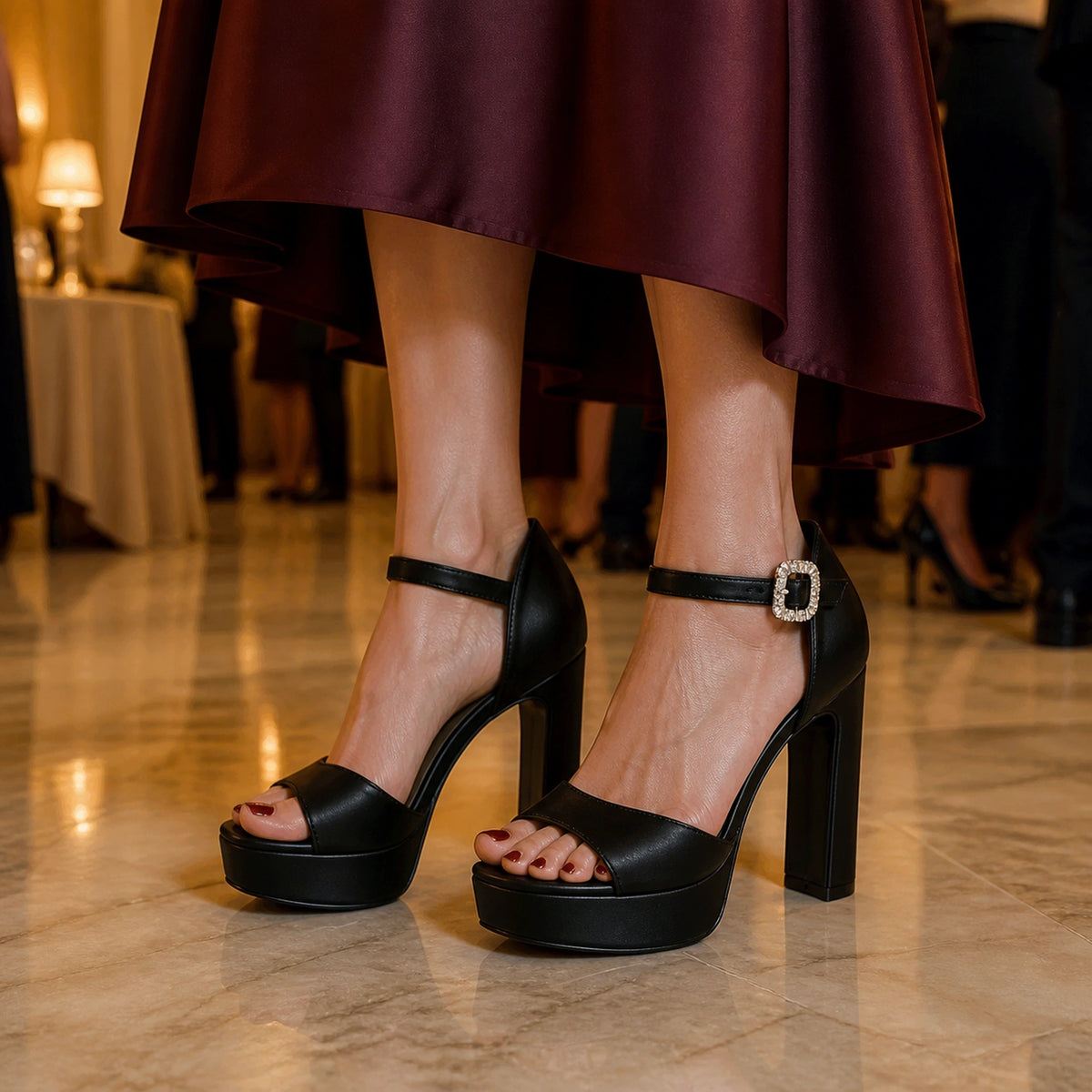 wedding guest shoes — Mature woman wearing black platform wedding guest sandals indoors — view 6