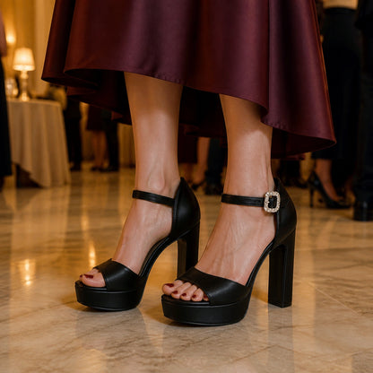 wedding guest shoes — Mature woman wearing black platform wedding guest sandals indoors — view 6