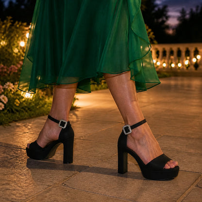 wedding guest shoes — Mature woman wearing black platform wedding guest sandals outdoors — view 7