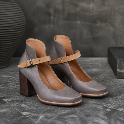 wedding guest shoes — Marisol gray classic Mary Jane block heel pumps — complete three quarter front view — view 3