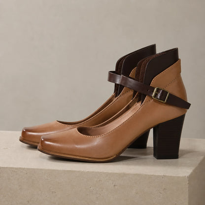 wedding guest shoes — Marisol brown classic Mary Jane block heel pumps outer profile construction view — view 4
