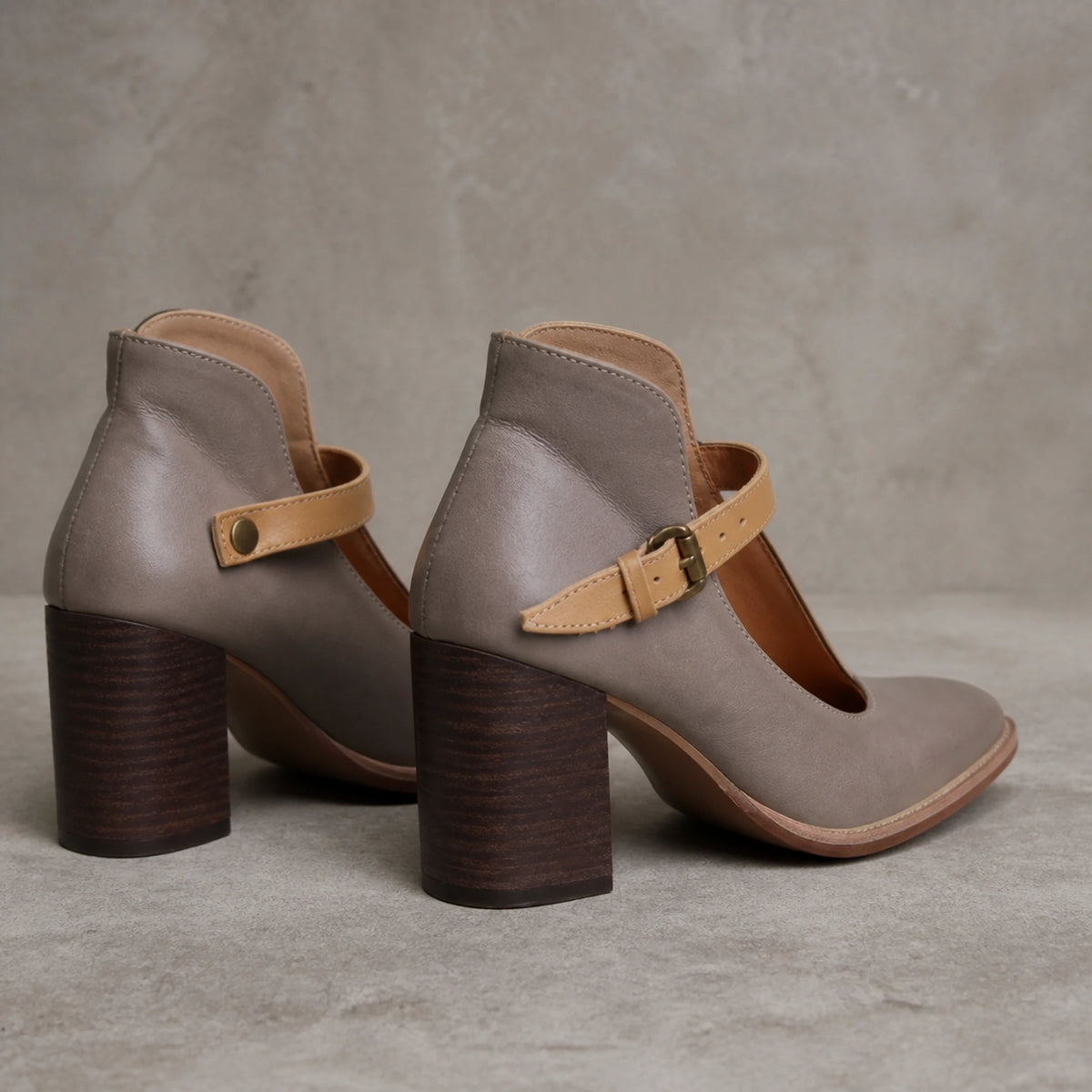 wedding guest shoes — Marisol gray classic Mary Jane block heel pumps rear construction view — view 5