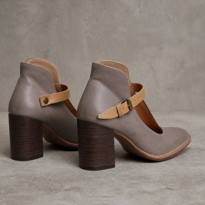 wedding guest shoes — Marisol gray classic Mary Jane block heel pumps rear construction view — view 5