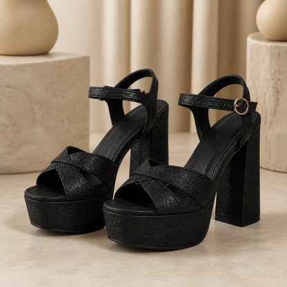 wedding guest shoes — Black floral jacquard platform ankle strap sandals — view 3