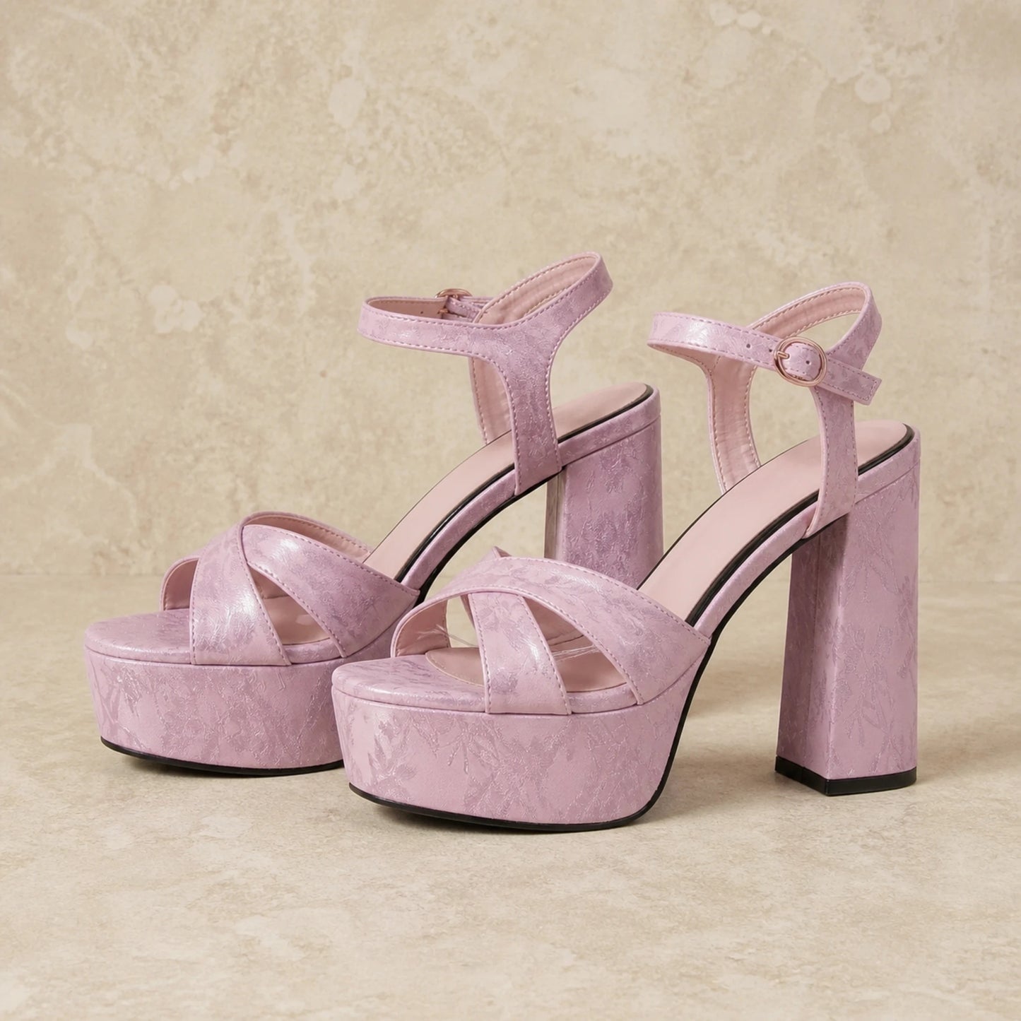 wedding guest shoes — Pink platform ankle strap sandals profile construction view — view 4