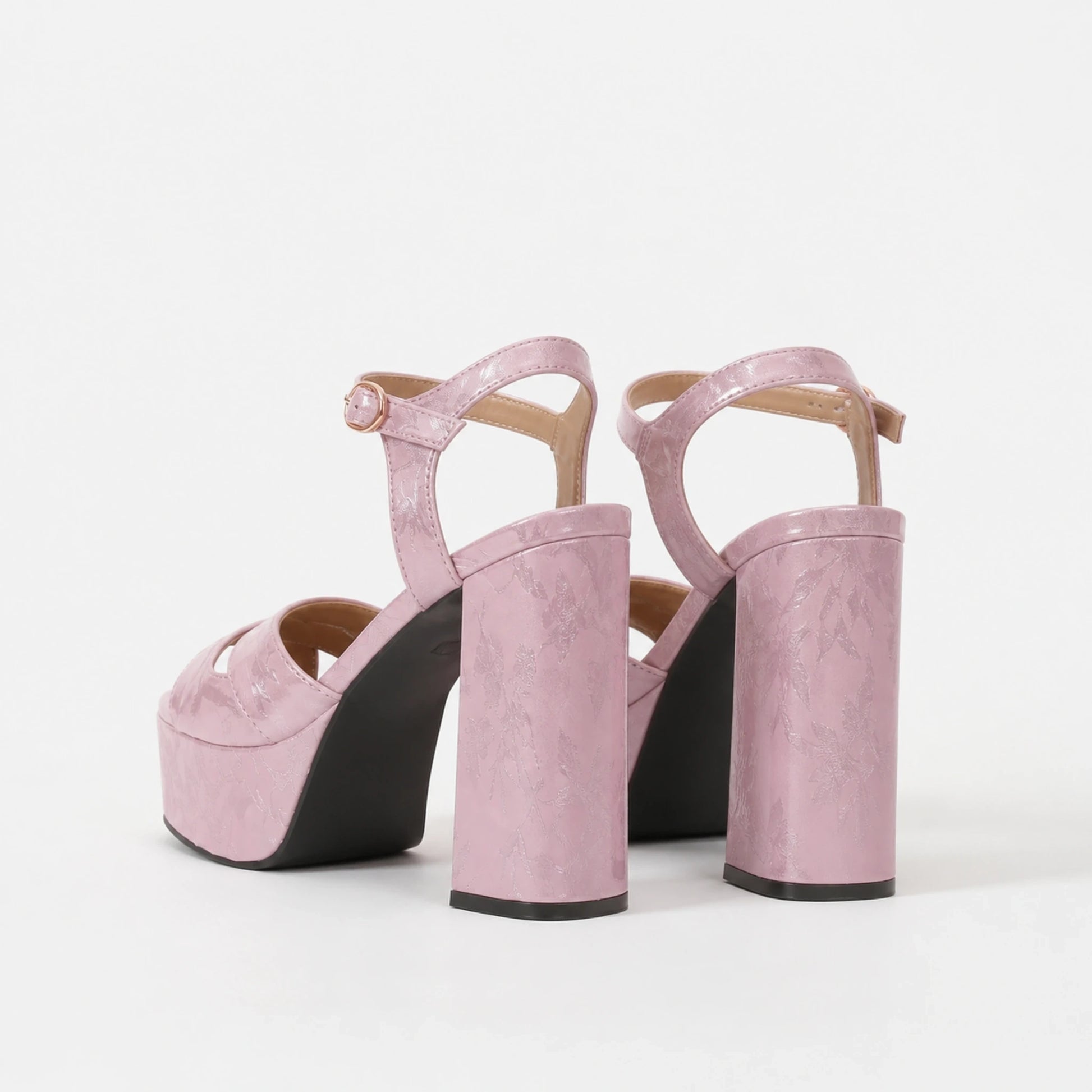 wedding guest shoes — Pink platform ankle strap sandals heel and buckle rear view — view 5