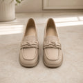wedding guest shoes — Beige loafers front view