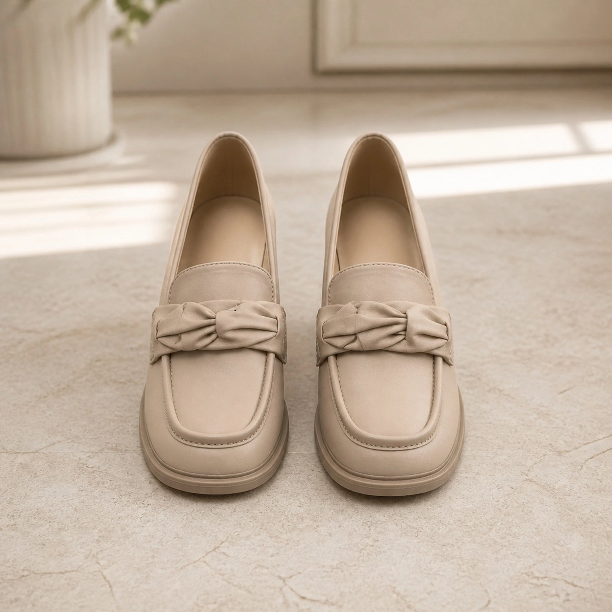 wedding guest shoes — Beige loafers front view