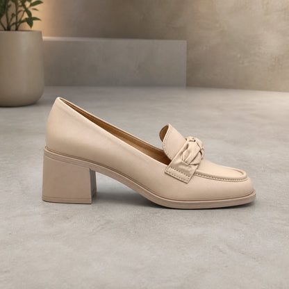 wedding guest shoes — Beige bow detail block heel loafer true side construction view — view 3